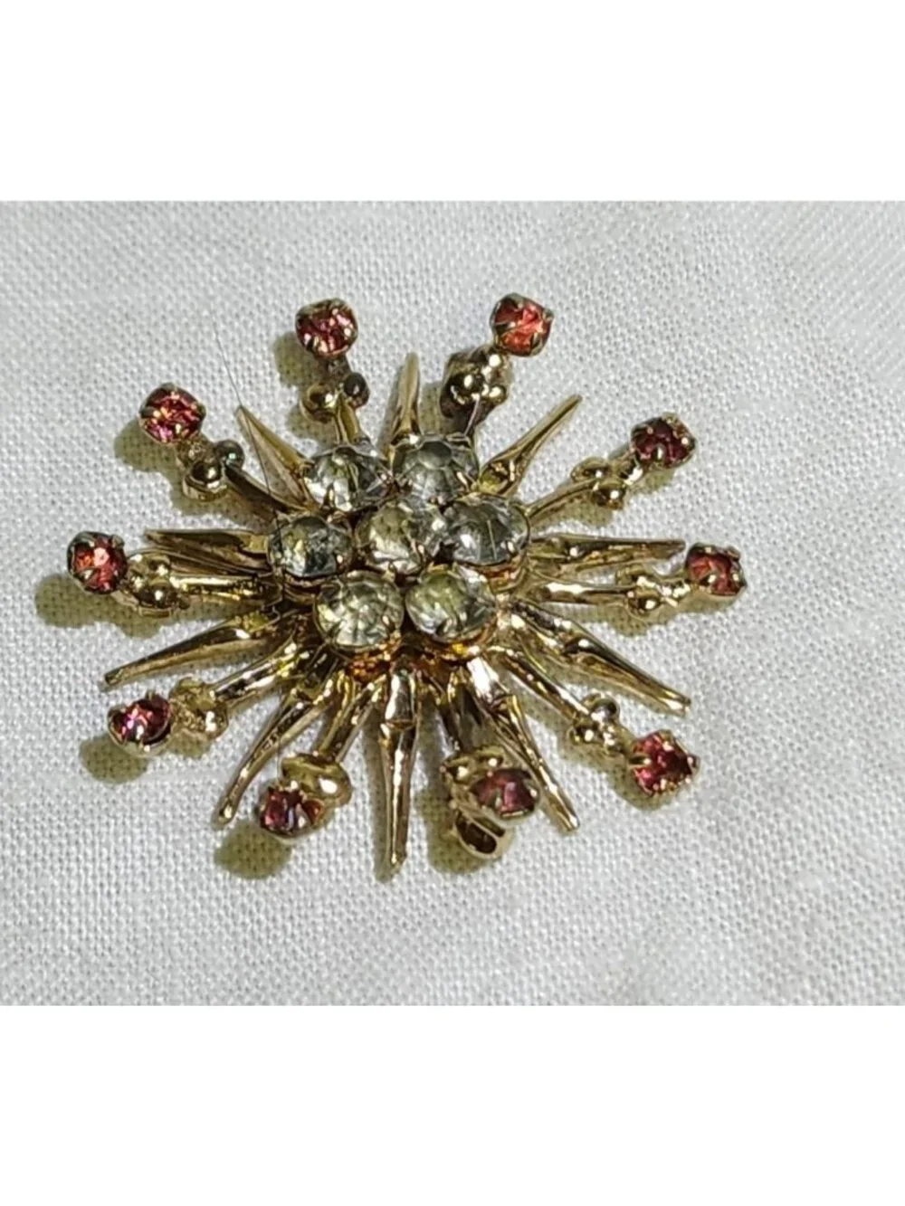 Vintage Gold Tone Asteroid Brooch Pink & Clear Rhinestones Mid-Century Starburst